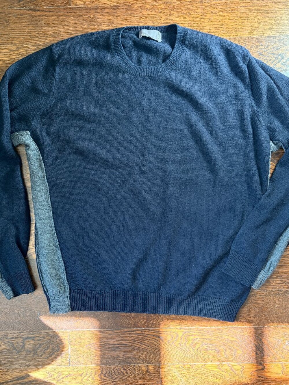 Vince Navy Blue Men's Italian Wool Crew Neck Sweater w/ Grey Panels-XL